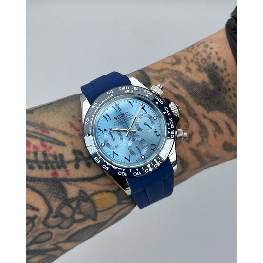 Custom Seiko Mod • Ice Blue Arabic Daytona Quartz Chronograph • 39.5mm